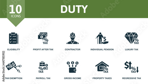 Duty set. Creative icons: eligibility, profit after tax, contractor, individual pension, luxury tax, tax exemption, payroll tax, gross income, property taxes, regressive tax.