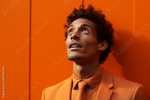 Person's expression of awe and admiration on an orange background, Generative AI