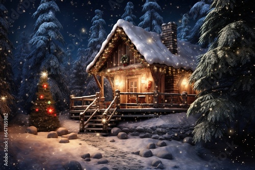 A rustic cabin in the snow-covered woods, with a bright star shining directly above it, hinting at the nativity scene inside