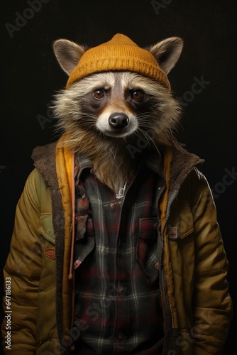 A hobo raccoon wearing a hat and jacket. Imaginary photorealistic image. © tilialucida