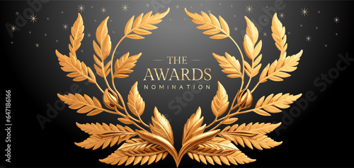 Golden laurel wreath winner award nomination background. 3d realistic design. Award concept background. Luxury premium corporate abstract design template.