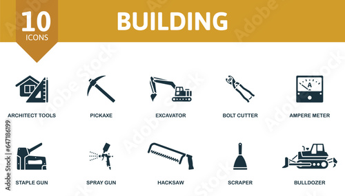 Building set. Creative icons: architect tools, pickaxe, excavator, bolt cutter, ampere meter, staple gun, spray gun, hacksaw, scraper, bulldozer.