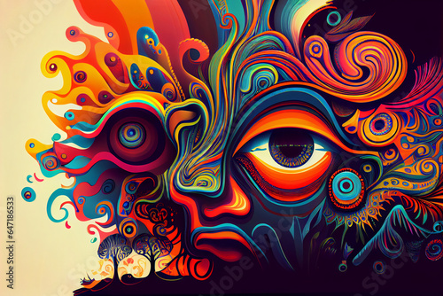 Trippy and psychedelic artwork. Surreal illustration in vivid multicolors. Eyes and face theme © Canvas Alchemy