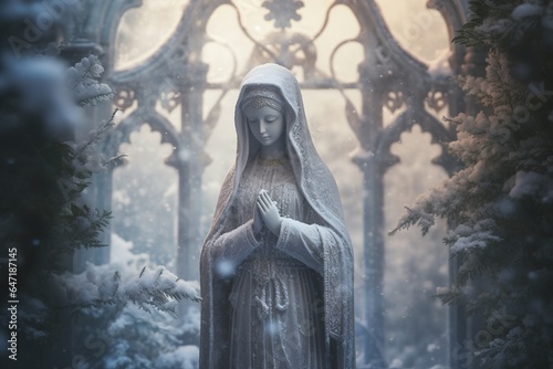 A snowy statue of Virgin Mary, standing pristine in a winter garden, her figure illuminated by soft, ethereal light, symbolizing hope and grace