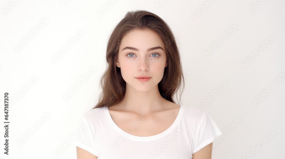 Close up portrait of a pretty young lady and tender glance looking on camera. Non-existent person. Generative Ai Close up portrait of a pretty young lady and tender glance looking on camera. Non-existent person. Generative Ai
