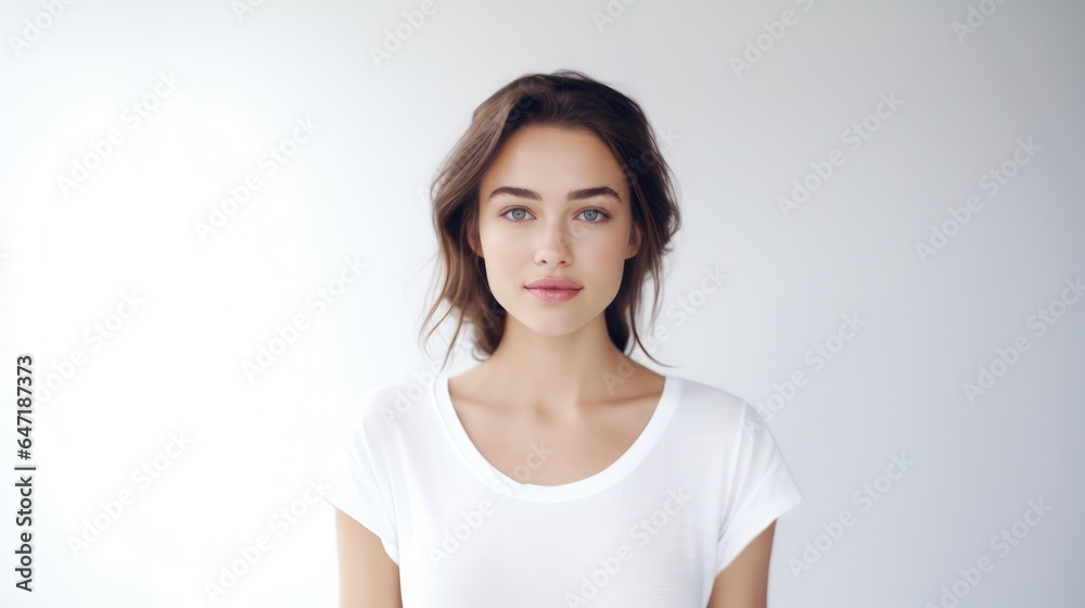 Close up portrait of a pretty young lady and tender glance looking on camera. Non-existent person. Generative Ai Close up portrait of a pretty young lady and tender glance looking on camera. Non-existent person. Generative Ai