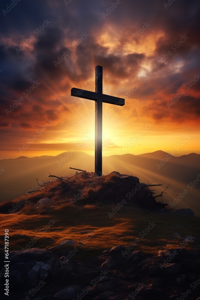 A solitary wooden cross on a hill, silhouetted against a vivid sunset, with dark clouds parting to reveal beams of golden light