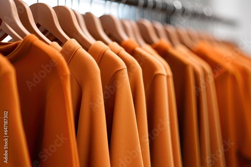 Plain new apricot sweatshirts on hangers clothing store. Casual clothes for autumn season.
