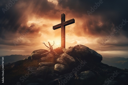 A solitary wooden cross on a hill, silhouetted against a vivid sunset, with dark clouds parting to reveal beams of golden light