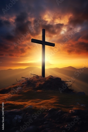 A solitary wooden cross on a hill, silhouetted against a vivid sunset, with dark clouds parting to reveal beams of golden light