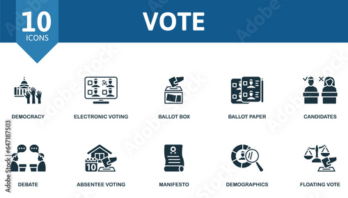 Vote set. Creative icons: democracy, electronic voting, ballot box, ballot paper, candidates, debate, absentee voting, manifesto, demographics, floating vote.
