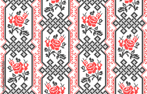 Seamless pattern of Ukrainian ornament in ethnic style, identity, vyshyvanka, embroidery for print clothes, websites, banners, poster. Vector illustration background