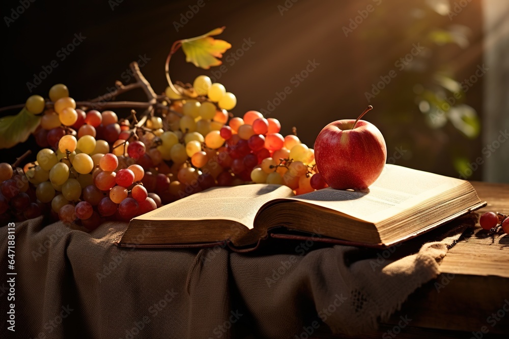 An ancient Bible placed beside autumn fruits, such as apples and