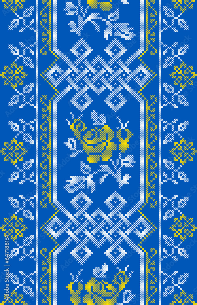 Fototapeta premium Vector illustration of Ukrainian ornament in ethnic style, identity, vyshyvanka, embroidery for print clothes, websites, banners. Background. Geometric design, border, copy space, frame