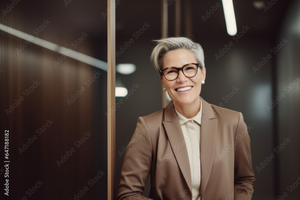 Portrait of business mature woman standing, wearing eyeglasses in office looking at camera. AI Generative Portrait of business mature woman standing, wearing eyeglasses in office looking at camera. AI Generative