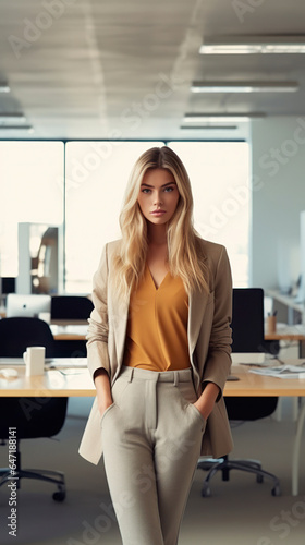 portrait of confident successful elegant business woman, stylishly dressed, standing near the table, looking at camera. AI Generative