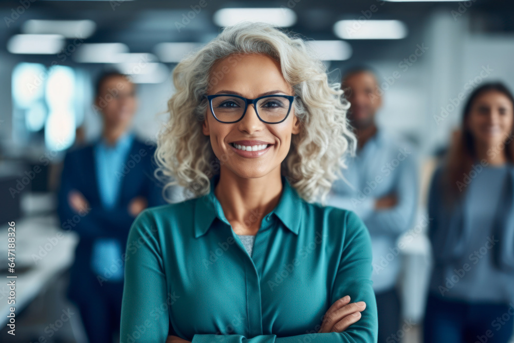 Senior business woman with gray hair standing and looking at camera in office. Work team behind. AI Generative Senior business woman with gray hair standing and looking at camera in office. Work team behind. AI Generative