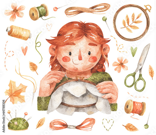 Girl doing embroidery and vintage sewing items.  Watercolor hand-drawn illustration of red headed young woman and objects for embroidery - hoop, needles, scissors, threads. 