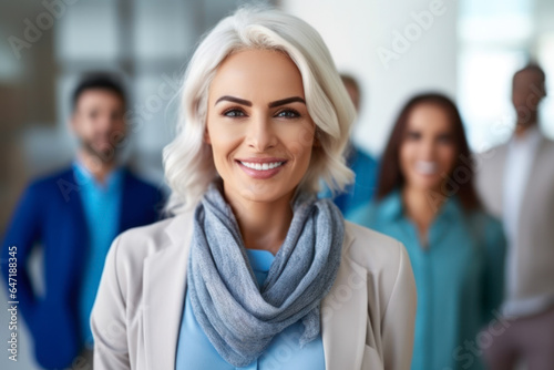 Portrait of smiling mature businesswoman looking at camera while standing in office. AI Generative