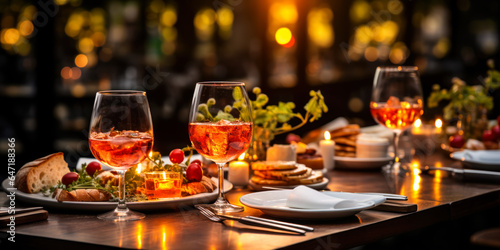 Intimate Indulgence: Wine and Appetizers on a Pristine Restaurant Bar Table
