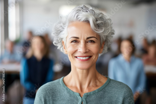 Senior business woman with gray hair standing and looking at camera in office. Work team behind. AI Generative