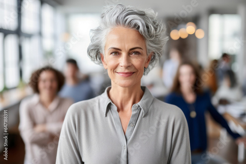 Senior business woman with gray hair standing and looking at camera in office. Work team behind. AI Generative