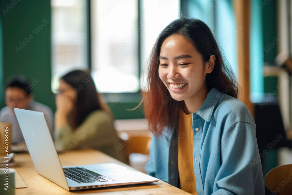 Smiling Asian female student studying, using laptop in classroom. AI Generative Smiling Asian female student studying, using laptop in classroom. AI Generative