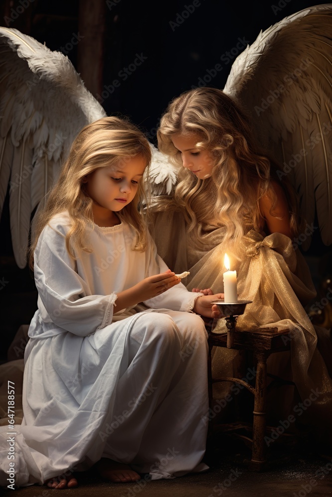 Children re-enacting the nativity play, with a young girl dressed as an angel, wings outspread, illuminated by candlelight