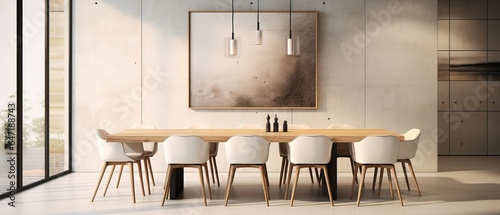 Amazing Interior Design of a Dining Room White with Wooden Seats and Table.
