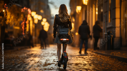 Woman rides in scooter.