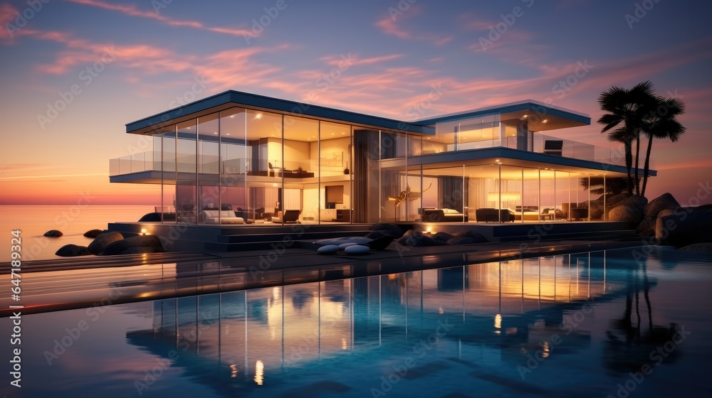 Luxury house, Beautiful glass home on an ocean beach at sunset.