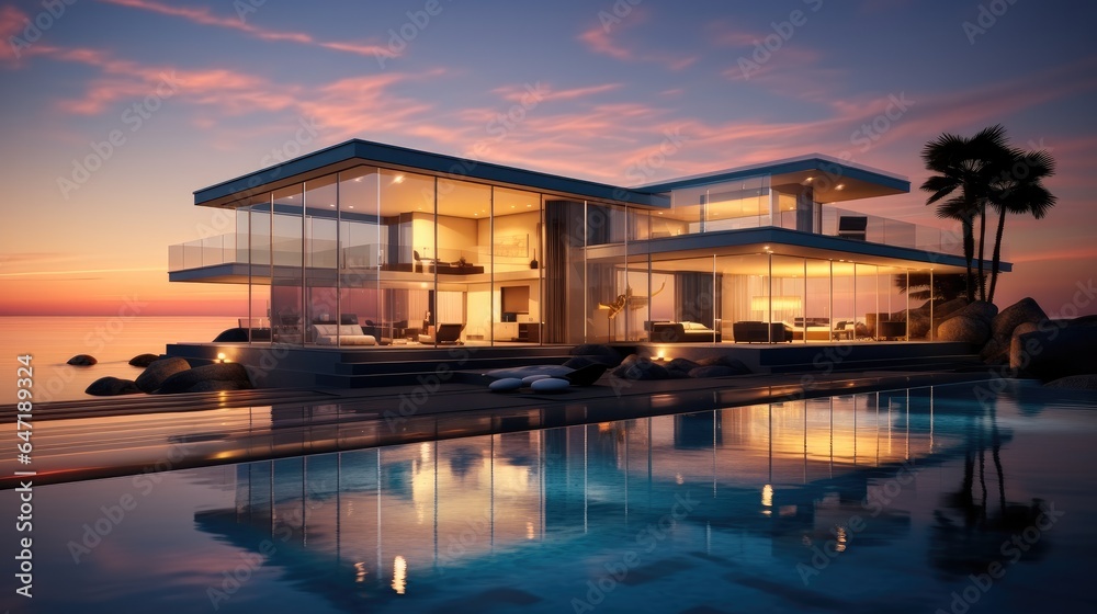 Fototapeta premium Luxury house, Beautiful glass home on an ocean beach at sunset.