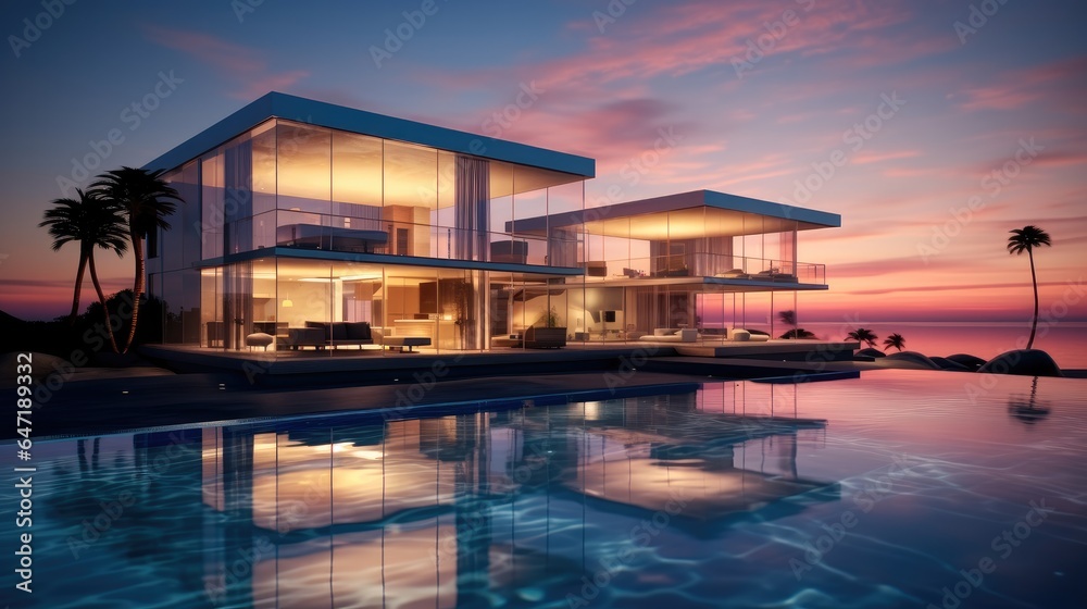 Luxury house, Beautiful glass home on an ocean beach at sunset.