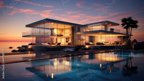 Luxury house, Beautiful glass home on an ocean beach at sunset. © visoot