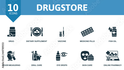 Drugstore set. Creative icons: drug, dietary supplement, vaccine, medicine pills, fish oil, fever measuring, oral care, eye drops, skin care, online pharmacy.