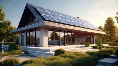 Modern home with solar panels on the roof.