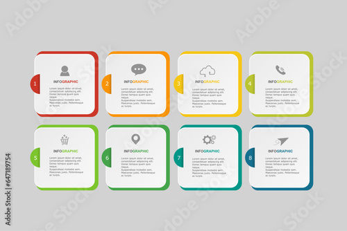 infographic elements template, business concept with 8 steps, multi color minimal rectangle shape design for workflow layout, diagram, annual report, web design.Creative banner, label vector