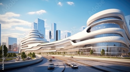 Futuristic city mall, Shopping center building.