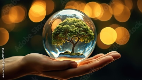 Human hand holding glass ball with tree inside, World environment and earth day concept.
