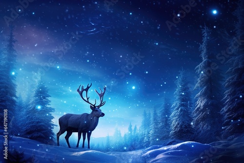 Reindeer grazing peacefully under the Northern Lights, while a distant silhouette of Santa’s sleigh is visible against the moon