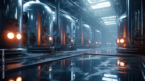 Large steel industrial tanks with metal pipes around  Inside hydrogen production industry factory.