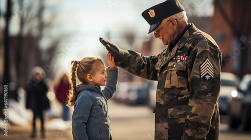 A heartwarming image of a young child saluting a veteran during a parade, capturing the passing down of gratitude through generations