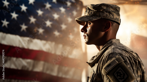 A powerful silhouette of a soldier in uniform, standing at attention, with the American flag unfurling majestically in the background