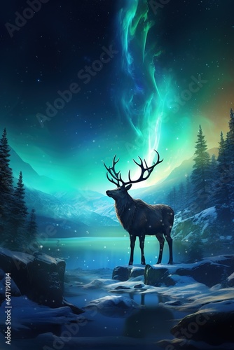 Reindeer grazing peacefully under the Northern Lights  while a distant silhouette of Santa   s sleigh is visible against the moon