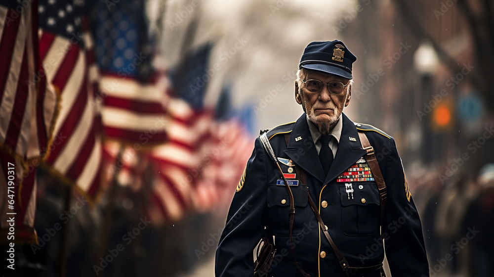 A captivating image of a veteran's parade, with flags, marching bands, and a sense of patriotic pride in the air - obrazy, fototapety, plakaty 