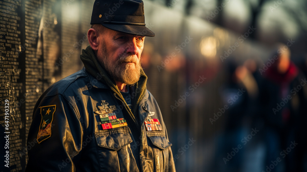 A stirring image of a veteran's reflection in the Vietnam Veterans Memorial Wall, where the names of the fallen are etched in stone A stirring image of a veteran's reflection in the Vietnam Veterans Memorial Wall, where the names of the fallen are etched in stone