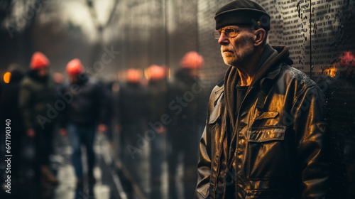 A stirring image of a veteran's reflection in the Vietnam Veterans Memorial Wall, where the names of the fallen are etched in stone photo