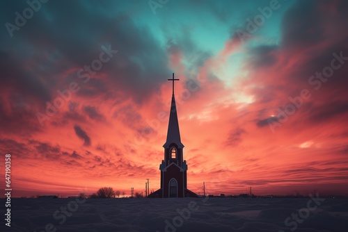 The silhouette of a church steeple, set against a brilliant winter sunset, with hues of deep orange and pink blending into the icy blue © EOL STUDIOS