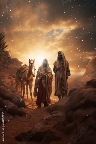The Three Wise Men following the bright North Star  journeying through a desert transformed by winter s chill  bearing gifts for the newborn king