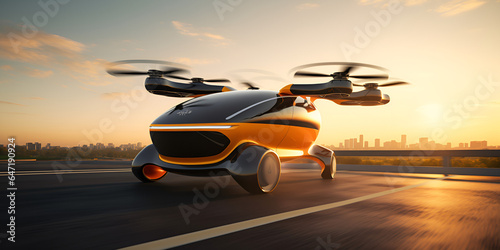 Future of urban air mobility, city air taxi, UAM urban air mobility, Public aerial transportation, Passenger Autonomous Aerial Vehicle AAV in futuristic city, Generative AI 